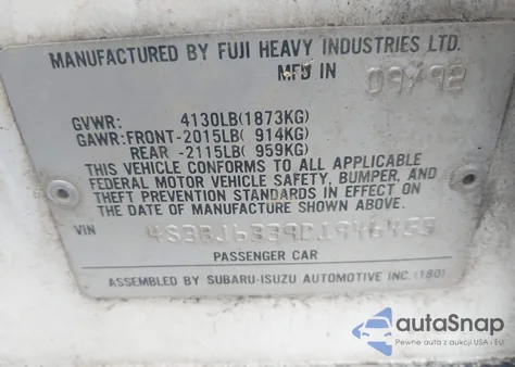 1993 Subaru Legacy L из США, поврежденный, VIN 4S3BJ6339P1946455